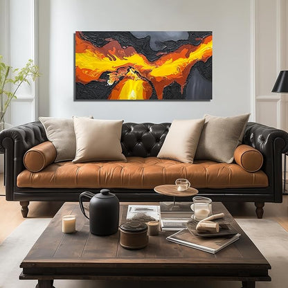 GUGIKA Abstract Wall Art for Living Room, Black and Gold Yellow Volcanic Lava Canvas Wall-Decor for Bedroom, Hand Painted 3D Textured Magma Paintings, Size 47x24 Inches