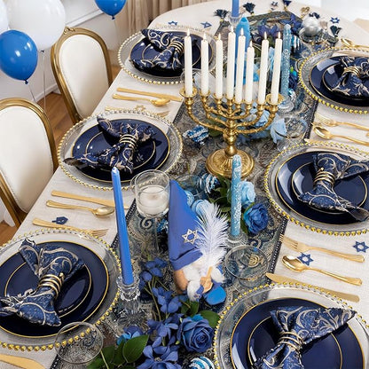WDF 300PCS Navy Blue Plates Disposable - Blue Plastic Plates 50guest Heavy Duty Plastic Dinnerware Sets for Hanukkah/Party/Wedding/Birthday