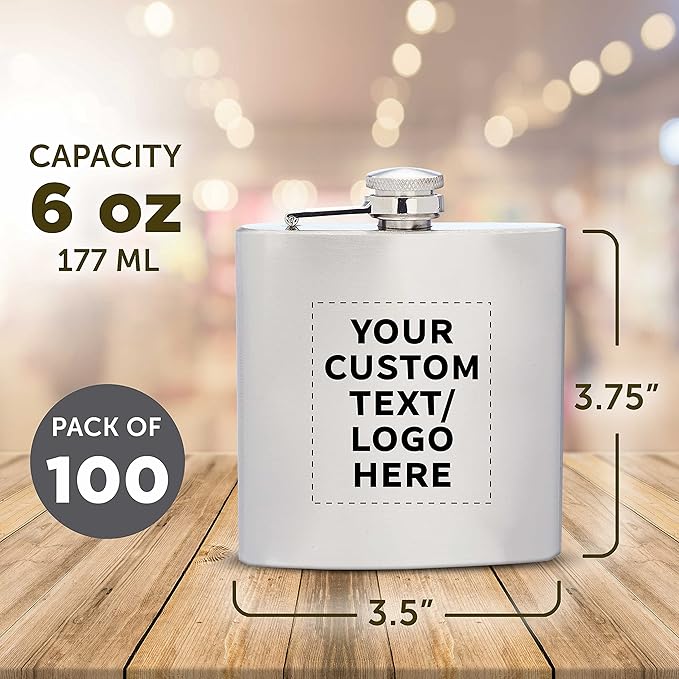 Custom Murano Stainless Steel Hip Flasks 6 oz. Set of 100, Personalized Bulk Pack - Screw on Cap, Great for Wedding Party Gifts, Groomsmen Gifts, Outdoor Activities - Silver