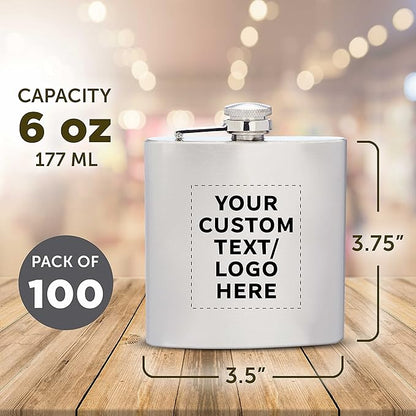 Custom Murano Stainless Steel Hip Flasks 6 oz. Set of 100, Personalized Bulk Pack - Screw on Cap, Great for Wedding Party Gifts, Groomsmen Gifts, Outdoor Activities - Silver