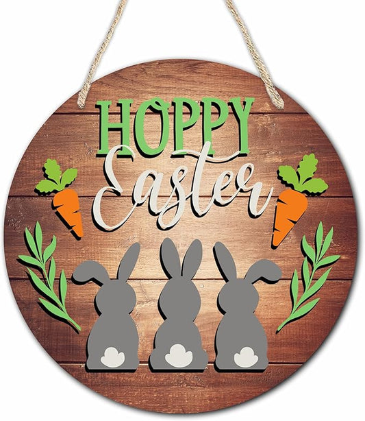 10" Easter Round Wooden Hanging Sign With Sisal Rope - Hoppy Easter - Three Little Bunnies Wooden Plaque For Front Door, Porch, Outdoor Indoor, Farmhouse Wall Decor Party Favor & Decorations - B04