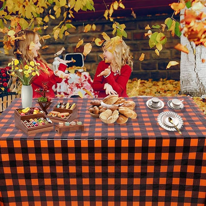 Kesfey 3 Packs Fall Orange Buffalo Check Plaid Tablecloth 54 x 108 Inches Waterproof Autumn Thanksgiving Gingham Table Cloth Disposable Orange and Black Plastic Checkered Picnic Tablecover for Camping