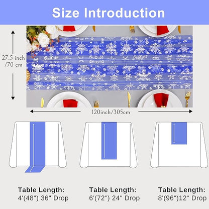 Snowkingdom Blue Silver Christmas Snowflake Table Runner 10ft, Royal Blue Tulle Gauze Sheer 120 Inch Winter Cheesecloth Table Runner for Seasonal Holiday Party, New Year, Wedding Dining Table Decor