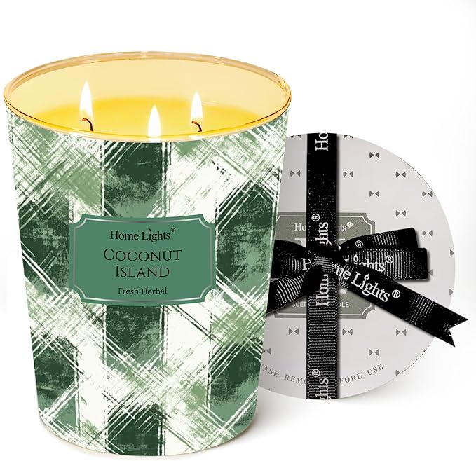 HomeLights 3-Wick Candles for Home Scented - 34oz Soy Wax Blend Candle Long-Lasting Fragrance, Scandinavian Minimalist Design Home Decor and Housewarming Gifts, Coconut Island