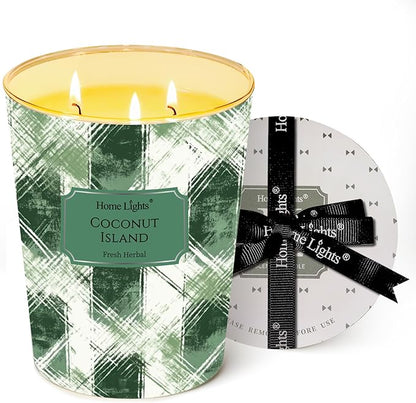 HomeLights 3-Wick Candles for Home Scented - 34oz Soy Wax Blend Candle Long-Lasting Fragrance, Scandinavian Minimalist Design Home Decor and Housewarming Gifts, Coconut Island