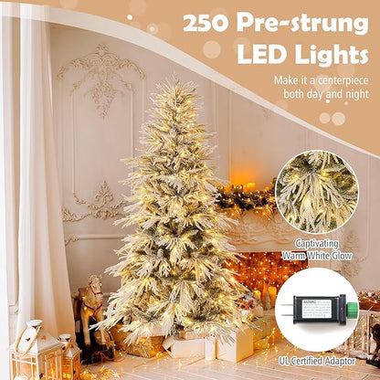 GOFLAME 6FT Pre-lit Artificial Christmas Tree, Snow Flocked Hinged Xmas Tree with 250 Warm White LED Lights, 594 Branch Tips and Folding Metal Stand, Holiday Decoration Tree for Home Party