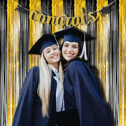 BRAVESHINE 3.2 x 8.2ft Black Gold Foil Fringe Curtains - 2 Pack Metallic Photo Booths Party Streamers Backdrop for New Years/Boy/Men/Birthdays/Engagement/Homecoming/Farewell/Prom/Christmas Decorations