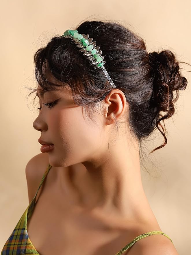 MINACHI Boho Green Aventurine Leaf Hairband, Silver-Tone Handmade Festival Crown, Jewelry Gift for Women Mother's Day