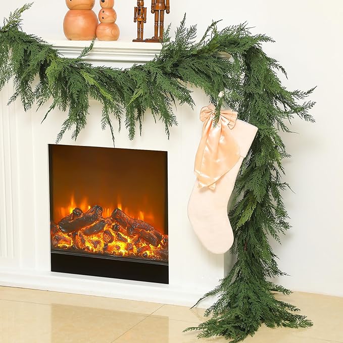 Jutom 1 PCS 9 ft Christmas Cedar Garland - Green Artificial Realistic Cedar Garland Faux Decoration for Table, Mantel, Wall Winter Holiday Party