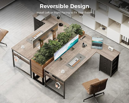 AODK L Shaped Gaming Desk with 4 Drawers, 61" Reversible Home Office Desks with Power Outlets, L Shaped Computer Desk with USB Charging Port and Host Stand, Corner Desk, Easy to Assemble, Grey