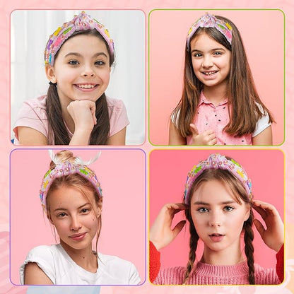PANTIDE Easter Bunny Jeweled Knotted Headband - Peeps Rabbits Rhinestone Crystal Embellished Headband Wide Top Knot Hairband Hair Accessories Easter Spring Birthday Gift for Women Girls (Pink Plaid)