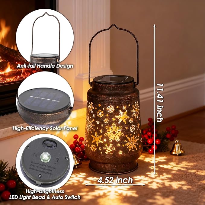 Outdoor Solar Lanterns Waterproof, Metal Hanging Solar Lights Snow Garden Decor Birthday Gifts for Women Mom Grandma for Patio Backyard Yard Pathway Porch