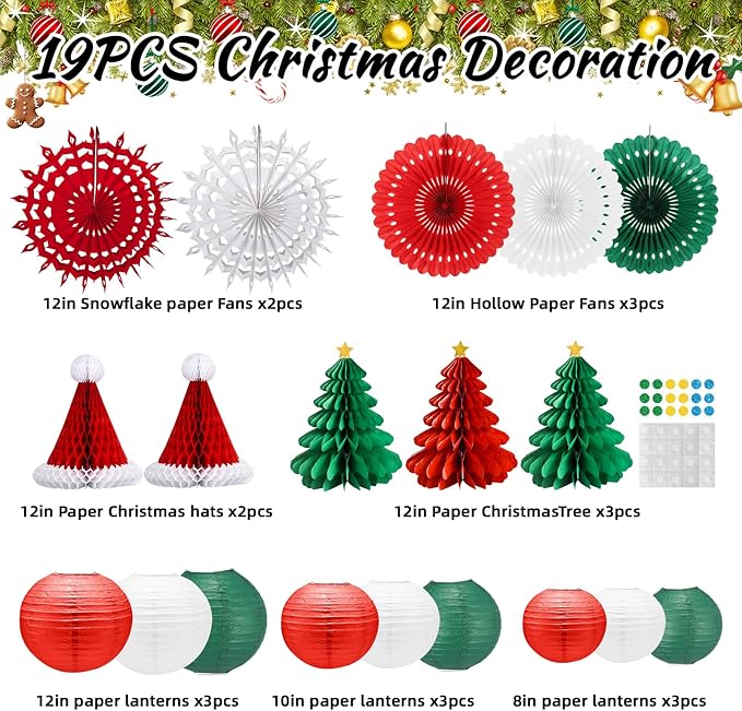 Christmas Paper Lanterns Decoration,19PCS Red Green Lanterns Handmade with Tape and String, Fans,Hanging Paper,Santa Hat for Christmas Party, New Year Eve Party