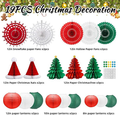 Christmas Paper Lanterns Decoration,19PCS Red Green Lanterns Handmade with Tape and String, Fans,Hanging Paper,Santa Hat for Christmas Party, New Year Eve Party