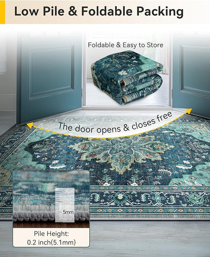 Area Rugs 2'6''x12' Runner Rug Non Slip Washable for Kitchen Hallway Bedroom Beside Laundry Room Bathroom Rug, Floor Carpet, Teal Green Lake Blue Turquoise