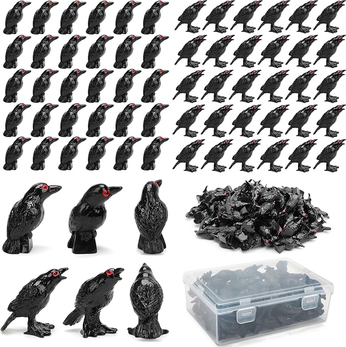 60pcs Mini Black Crow Decor, Miniature Resin Fake Crow Halloween Decor Tiny Black Birds Cake Topper Raven Figurine Halloween Ravens Decoration for Holiday Scene Micro Landscape Spooky Party