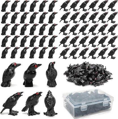 60pcs Mini Black Crow Decor, Miniature Resin Fake Crow Halloween Decor Tiny Black Birds Cake Topper Raven Figurine Halloween Ravens Decoration for Holiday Scene Micro Landscape Spooky Party