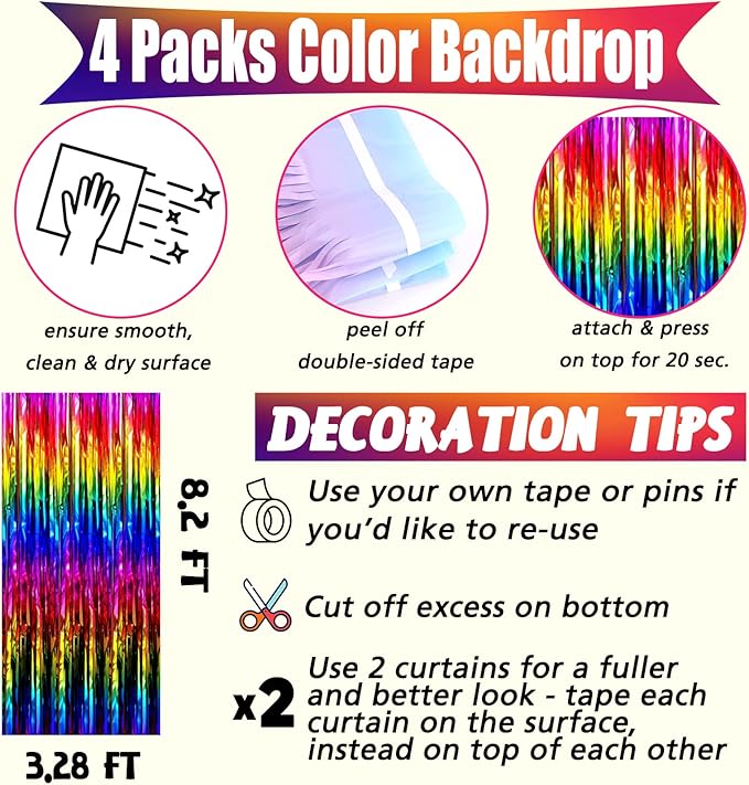 4 Pack Rainbow Fringe Curtain Backdrop, 3.2Ft x 8.2Ft Colorful Metallic Tinsel Foil Fringe Streamers for Photo Booth Birthday Wedding Baby Shower Carnival Easter Mother’s Day Party Decorations