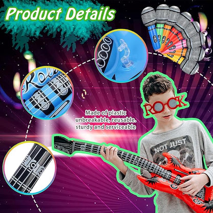 Large Rock Star Funny Sunglasses Set, Rock and Roll Party Funny Music Sunglasses, Inflatable Guitar Microphone for 70s, 80s, 90s, Music Party, Photo Booth Props for Carnival Rock and Roll Party