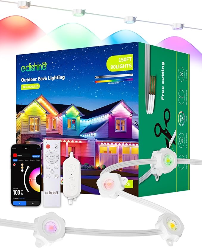 EDISHINE 150FT Cuttable Permanent Outdoor Xmas Lights for House PRO, 90 LED Smart RGB+IC+Warm White Eave Light, 111+ Scene Modes, App/Remote, IP67 Waterproof for Year-Round Decor, Alexa Google Enable