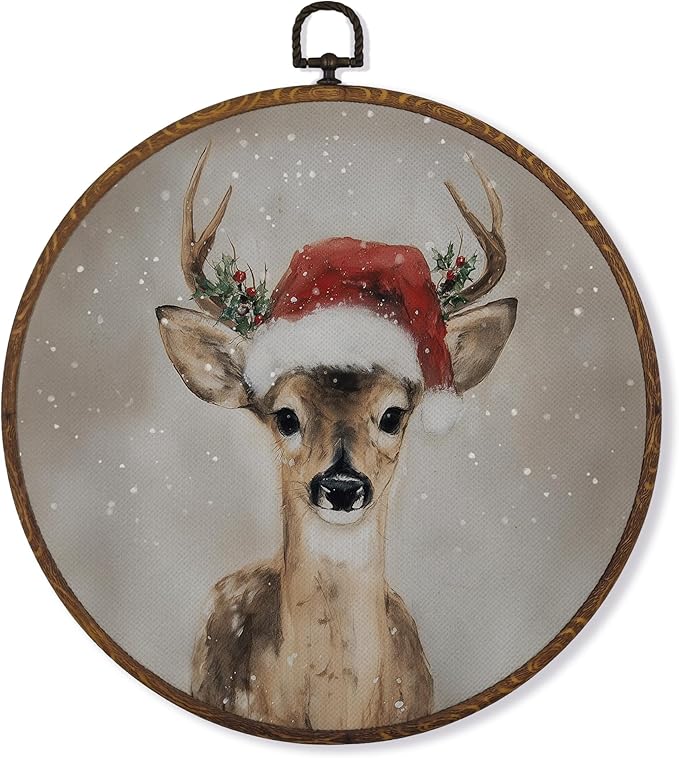 MOTERMATE Vintage Christmas Reindeer Wall Art Decor Round Framed, Rustic Winter Deer Canvas Wall Art Artwork Prints, Winter Xmas Reindeer Hanging Decor Decorations for Home Living Room, 10x10 Inch