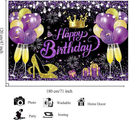 YinQin 180x120 cm Glitter Purple Golden Happy Birthday Party Backdrops Cloth 71x47 inch Photography Bday Backgrounds Black Purple Gold Happy Birthday Sign Banner Decorations for Girl Women