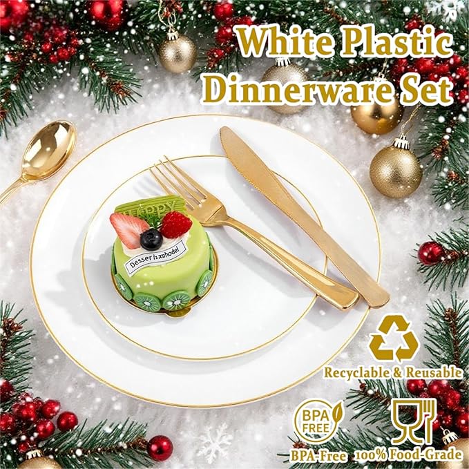 Festiva 350Pcs Gold Plastic Plates - White and Gold Dinnerware Set Disposable include 10" & 7" Plates,Cups,Silverware,Napkins -serve 50 Guests Perfect for Wedding& Chritmas & Party
