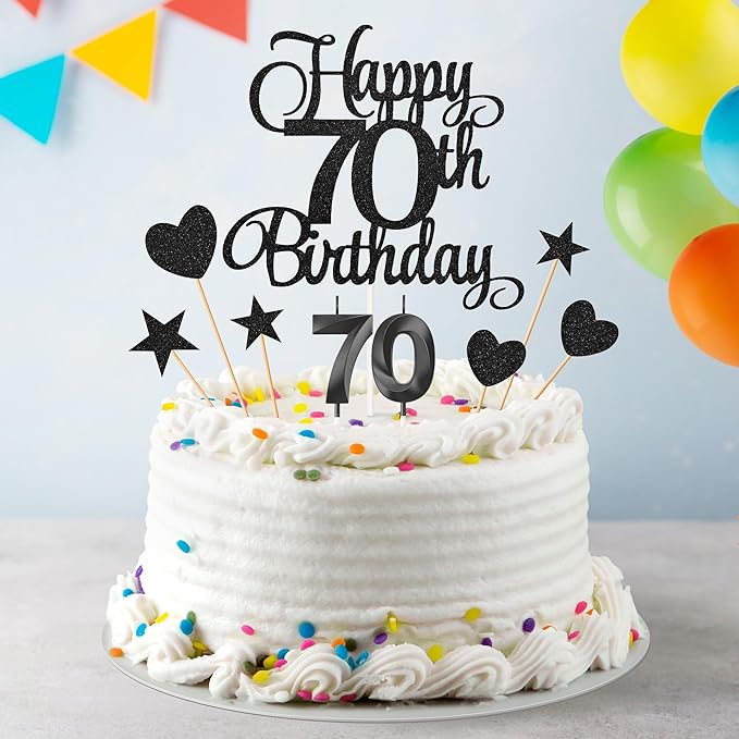 70th Birthday Cake Decorations, 70th Birthday Candles Cake Numeral Candles and Glitter Happy 70th Birthday Cake Toppers Set for Birthday Party Supplies (Black)