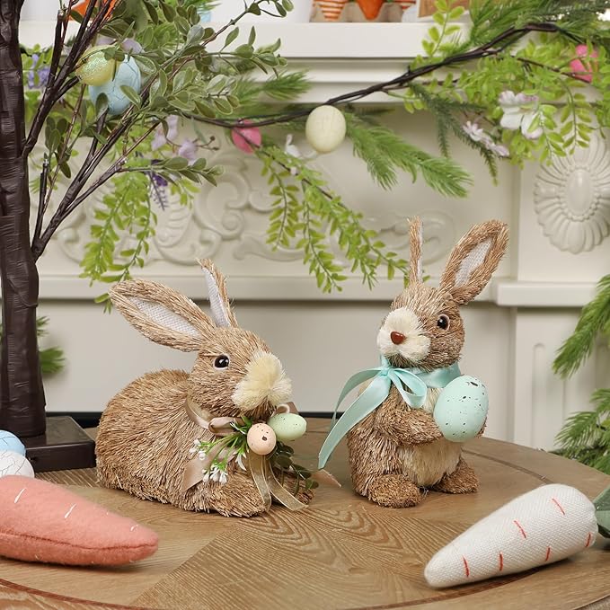 DR.DUDU Set of 2 Easter Decorations Bunny Figurines with Eggs, Spring Straw Rabbit Tabletop Decor, Rustic Sisal Bunny Statues Springtime Decor for Home Table Office Kitchen Farmhouse
