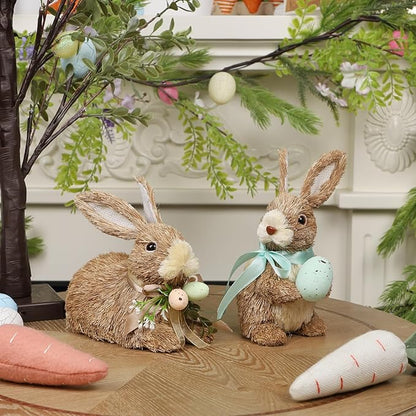 DR.DUDU Set of 2 Easter Decorations Bunny Figurines with Eggs, Spring Straw Rabbit Tabletop Decor, Rustic Sisal Bunny Statues Springtime Decor for Home Table Office Kitchen Farmhouse