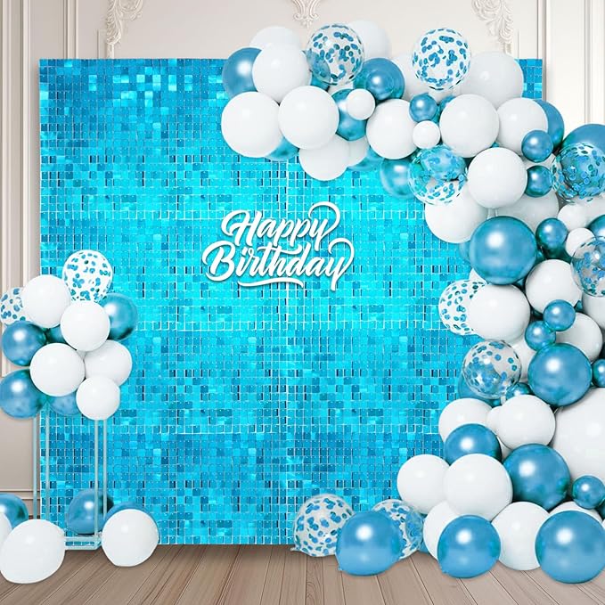 48 PCS Lake Blue Shimmer Wall Backdrop, Square Sequin Photo Backdrops Panel, Glitter Wall Background for Birthdays, Weddings, Halloween, Engagements, Disco Bachelorette Party Decoration (6FTx8FT)
