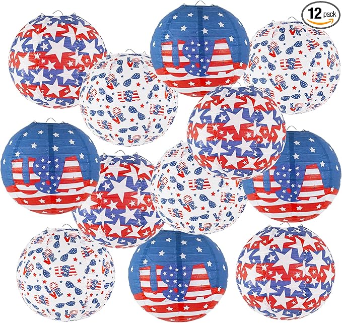 4th of July Decorations Red White and Blue Hanging Paper Lanterns for Patriotic Decorations American Independence Day Memorial Day Party Supplies Pack of 12