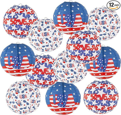 4th of July Decorations Red White and Blue Hanging Paper Lanterns for Patriotic Decorations American Independence Day Memorial Day Party Supplies Pack of 12