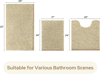 HOMEIDEAS 3 Pieces Bathroom Rugs, Ultra Soft Non Slip Absorbent Chenille Toilet Bath Mat Set (Beige)