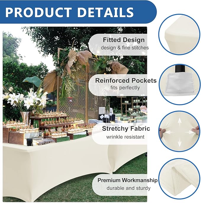 Spandex Table Cover Fitted 4ft Rectangular Tables-8 Pack Cream Stretch Table Clothes-Stretchable Folding Tableclothes for Party, Vendor Booth Display, Banquet Buffet Event, Craft Trade Show