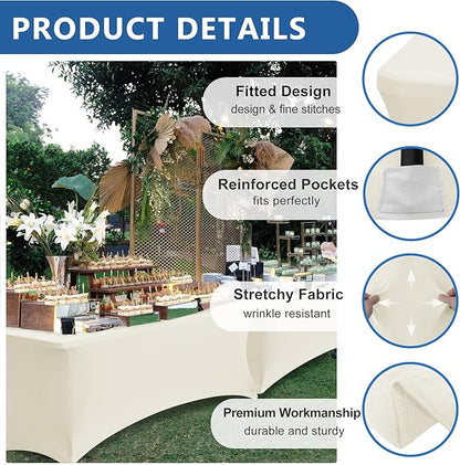 Spandex Table Cover Fitted 4ft Rectangular Tables-8 Pack Cream Stretch Table Clothes-Stretchable Folding Tableclothes for Party, Vendor Booth Display, Banquet Buffet Event, Craft Trade Show