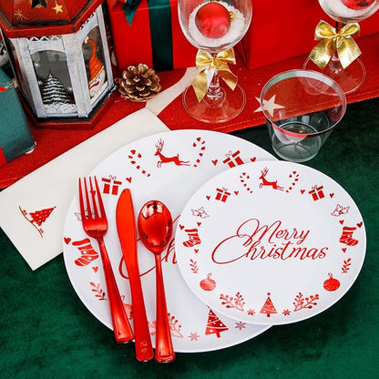 Liacere 175PCS Red and White Disposable Christmas Plastic Plates - Include 25 Dessert Plate, 25 Dinner Plates, 25 Knives, 25 Spoons, 25 Forks, 25 Cups, 25 Napkins for Christmas Party
