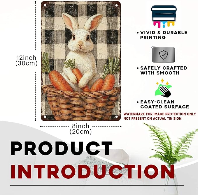 Charming Easter Bunny Metal Sign Vintage Checkered Basket Carrot Design Rustic Country Wall Art For Living Room Kitchen Office Spring Decor 8x12Inch