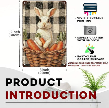 Charming Easter Bunny Metal Sign Vintage Checkered Basket Carrot Design Rustic Country Wall Art For Living Room Kitchen Office Spring Decor 8x12Inch