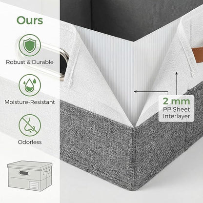 PRANDOM Storage Bins with Lids [3-Pack] Linen Fabric Foldable Storage Boxes Organizer Containers Baskets Cube with Cover for Bedroom Closet Office Grey&White（11.4X8.6X6.7