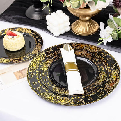 GATHER 350PCS Black and Gold Plastic Plates - Gold Disposable Dinnerware Set Include 50 Dinner Plates, 50 Dessert Plates, 150 Gold Plastic Silverware, 50 Napkins, 50 Cups for Wedding & New Year