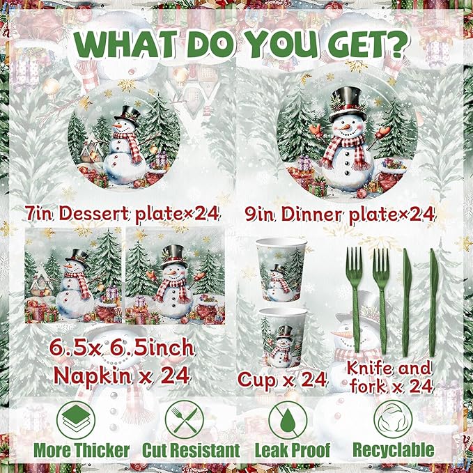 Vintage Christmas Decorations-144Pcs Snowman Plates and Napkins Retro Christmas Tree Snowman Tableware for Winter Holiday Xmas Party Supplies