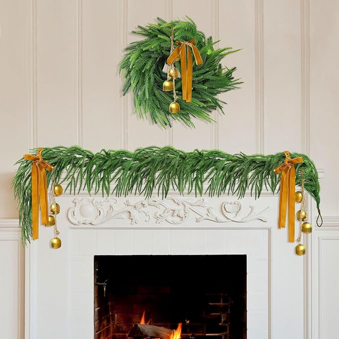 12ft Christmas Garland Table Garland Real Touch Norfolk Pine Garland, Artificial Faux Greenery Garlands for Wedding Mantle Indoor Home Decor Xmas Holiday Seasonal