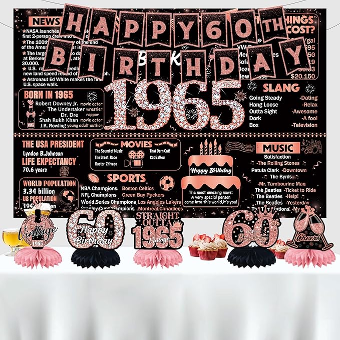 22pcs-60th birthday decorations, 1965 Banner Party Supplies, 60th Birthday Decorations for Women, Rose Gold 60 Year Old Birthday Backdrop,Vintage 60Birthday Honeycomb+Hanging Swirl+Paper Poms+Pump