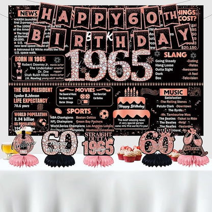 22pcs-60th birthday decorations, 1965 Banner Party Supplies, 60th Birthday Decorations for Women, Rose Gold 60 Year Old Birthday Backdrop,Vintage 60Birthday Honeycomb+Hanging Swirl+Paper Poms+Pump