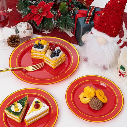 NOCCUR 200PCS Red Plastic Plates for 100 Guests - Include 100PCS 10" Dinner/ 100PCS 7" Dessert Plastic Plates Heavy Duty - Ideal for Wedding/Party/Christmas