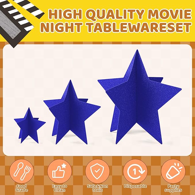 70 Pcs Blue Star Centerpieces for Movie Night Party Decorations 3D 2025 Graduation Table Decor 3 Sizes 8" 5" 3" Red Carpet Film Show Theme Birthday Party Back to School Table Decor Independent Day