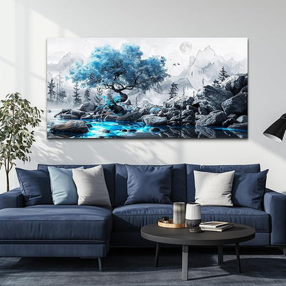 FUHAIHUA Canvas Wall Art For Living Room Large Wall Decor For Office Bedroom Decor Black And White Wall Pictures Artwork Blue Tree Landscape Paintings Ready To Hang Hotel Room Decoration 30x60 In