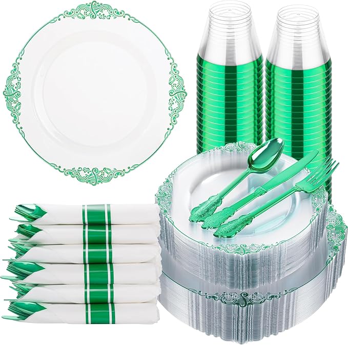 Hioasis 175pcs Clear Green Plastic Plates - Elegant Disposable Dinnerware Set Suitable for 25 Guests Include 10.25" Dinner & 7.5" Dessert Plates, Pre Rolled Silverware Set, Cups for Party & Christmas