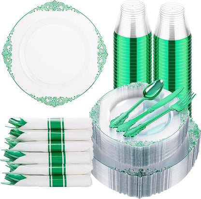 Hioasis 175pcs Clear Green Plastic Plates - Elegant Disposable Dinnerware Set Suitable for 25 Guests Include 10.25" Dinner & 7.5" Dessert Plates, Pre Rolled Silverware Set, Cups for Party & Christmas
